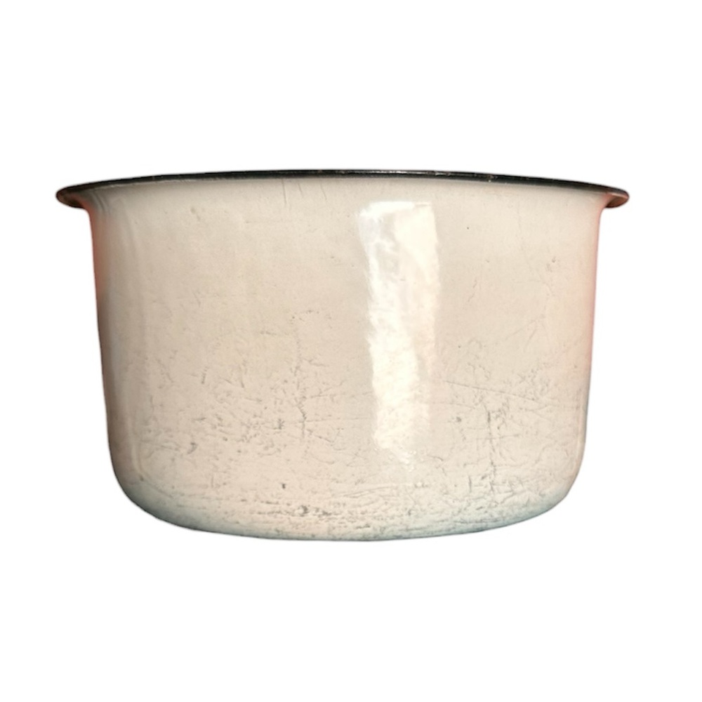 Vintage White Enamel Pot with Black Rim